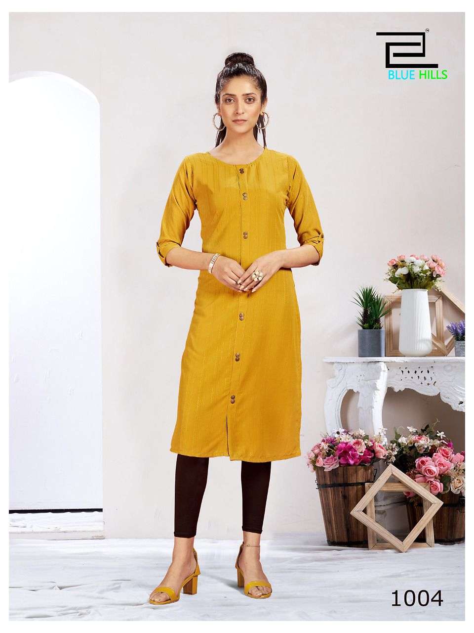 BLUE HILLS - VINTAGE - DOBBY PATTERN FABRIC SIDE CUT KURTI WITH BUTTON - 1004